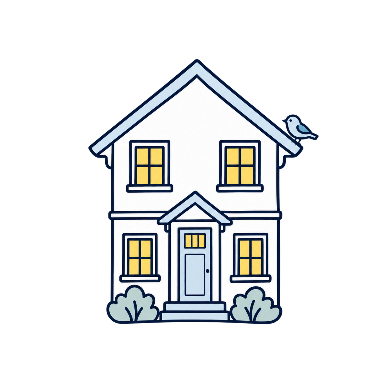 A little blue bird perched on the roof of a house with warm yellow windows.